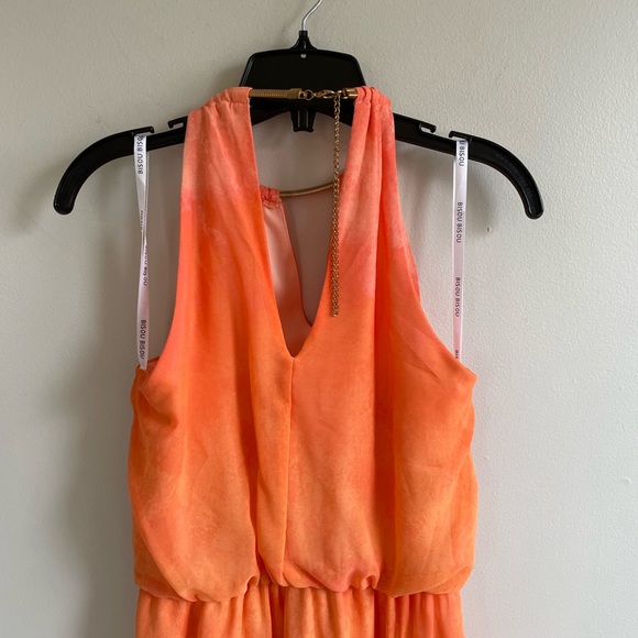 ORANGE SLEEVELESS HALTER MAXI DRESS STRETCH WAIST GOLD NECKLACE CLOSURE - Picture 9 of 13